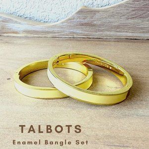 Vintage Talbots Neutral Cream Enamel Goldtone Oval Clamp Bangle Bracelet Set 2